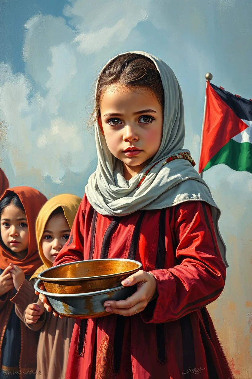 an expressive painting of a 3 years old girl poor with Ruth clothes standing in line with out her children’s asking for food with a pan in her hand painting, with Palestinian flag in the background, we might see a companion with features of absolute strength and determination, blended with warmth and deep faith. Perhaps his face expresses wisdom and courage, with eyes radiating confidence and faith.