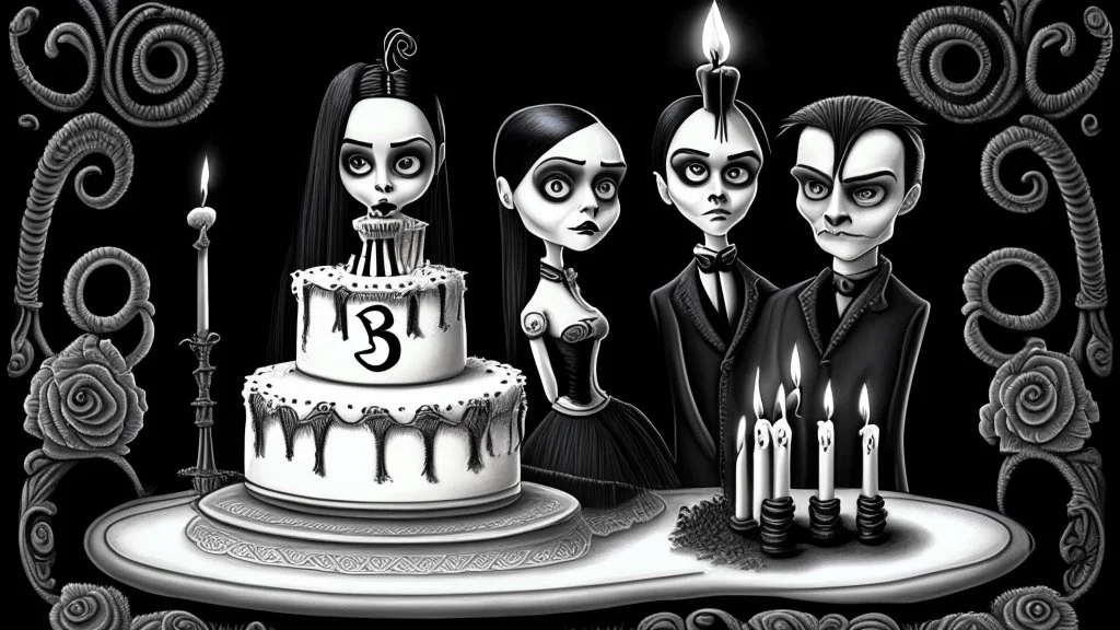 draw a birthday cake with logo number 23 or one candle 23 .Insanely detailed Addams Family movie still with Barbie dolls, art by tim burton