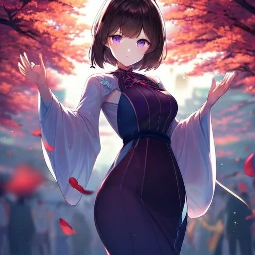 Clear focus,High resolution, one girls, Short brown hair, Purple eyes, Wearing a techy outfit standing with blurry sakura leafs falling down