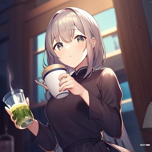 anime holding a large tea cup that is overflowing