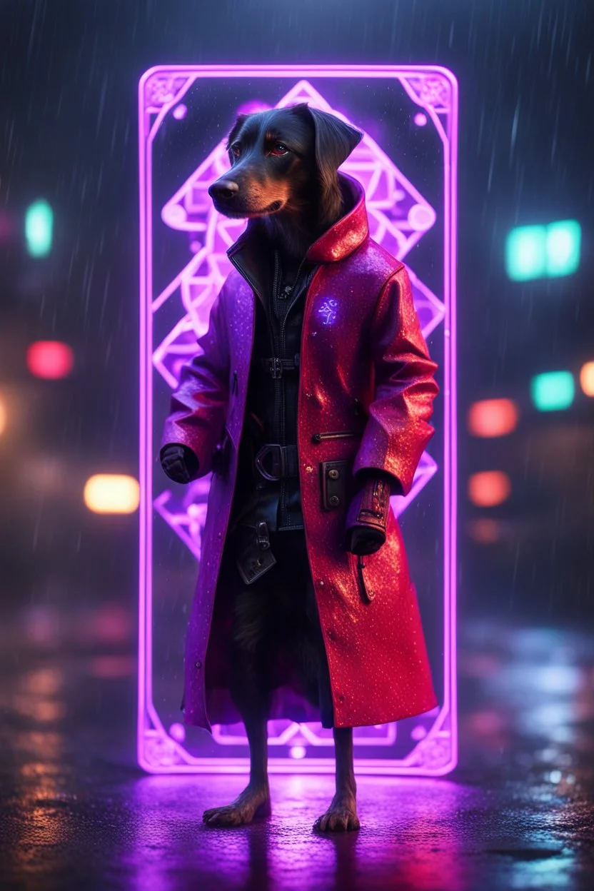 Volumetric dog lights,paradise sacred geometry framed playing card, black, red, spore and purple neon cyber punk dancer thief in soaked rain coat shadows boss card in the style of escher and fallout 4 ,,bokeh like f/0.8, tilt-shift lens 8k, high detail, smooth render, down-light, unreal engine