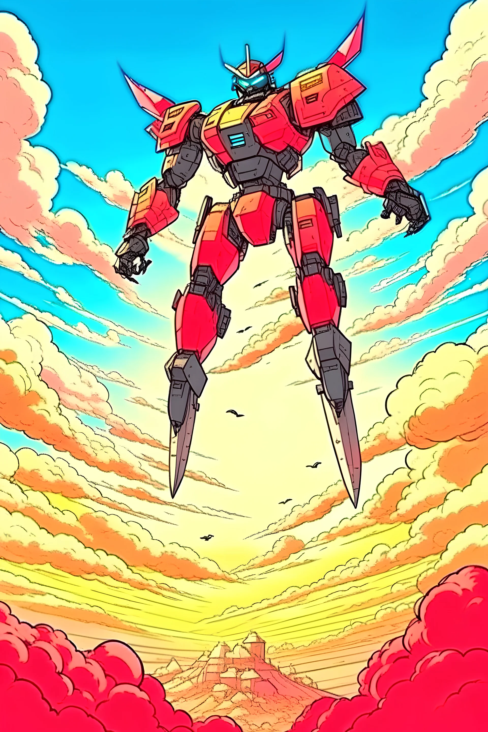 Giant robot with a big sword, flying in the sky, anime style