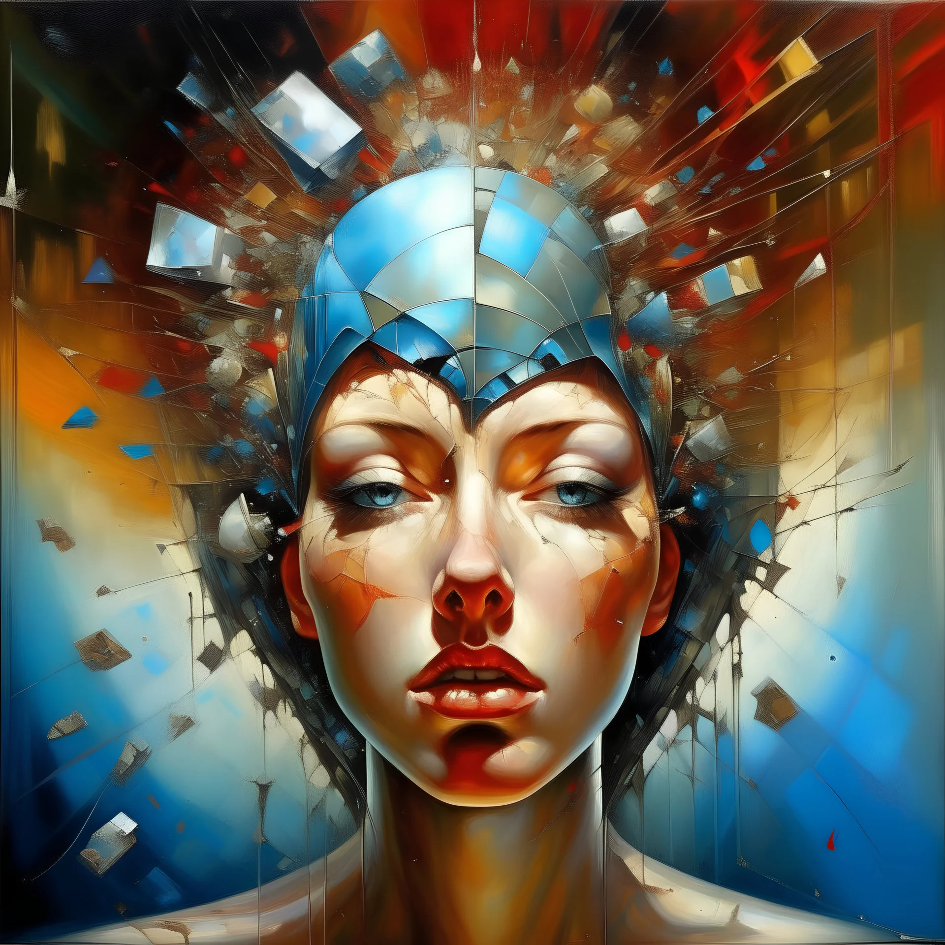 A modern day surrealist oil painting: take me to church, I’m angry, stop the wars, let’s lead for Mars instead , My Exploding Head is the title of this piece, , --ar 15:9 : depicting a surreal clear pixel glass exploding beautiful woman’s head and face made up of cracked fragments floating/pulled apart, 3d, all the broken and cracked fragments drifting far away, layers and layers, expanding/moving away from each other suspended in the air, inside the head is, a world of art things, surrealist