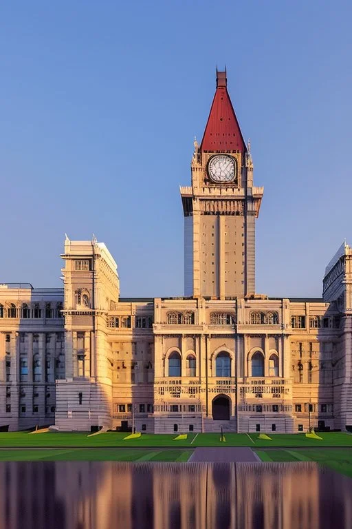 Huge parliament building with classical and modern architechture mixed pride paint covering the building