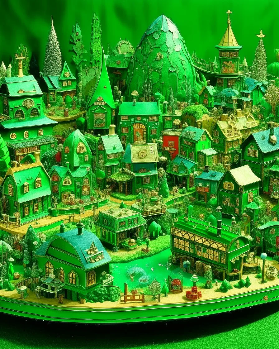A green mechanical village with crystals painted by Edward Hicks