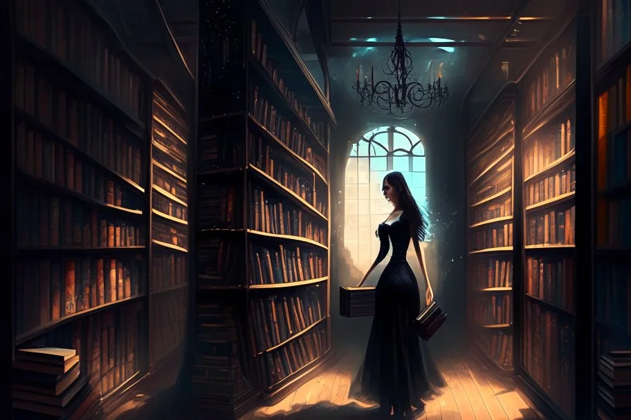 full-height shot of a woman in a tight black dress, inside a large magic book shop, shelving, lights, books, bottles, windows