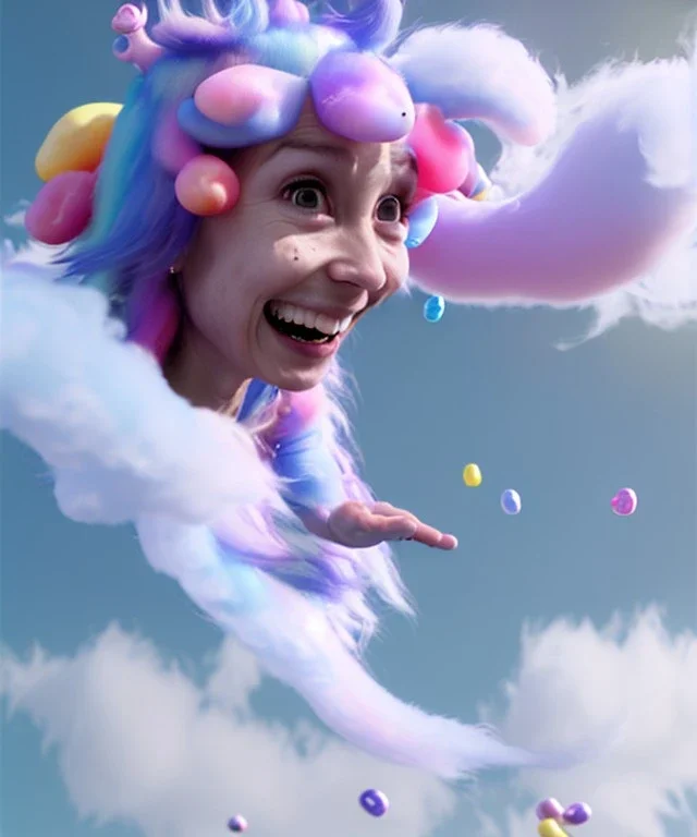 Ultra realistic speed clouds sky scene, wide angle view, sweet childs falling down, inflatable color clothing, free jumping flying, many trinkets, monster head, hair monster, many jelly beans, balls, smile, happy, circus style, extreme, wind, clouds sea, 20,000 feet altitude, stratosphere, soft color, highly detailed, unreal engine 5, ray tracing, RTX, lumen lighting, ultra detail, volumetric lighting, 3d, finely drawn, high definition, high resolution.