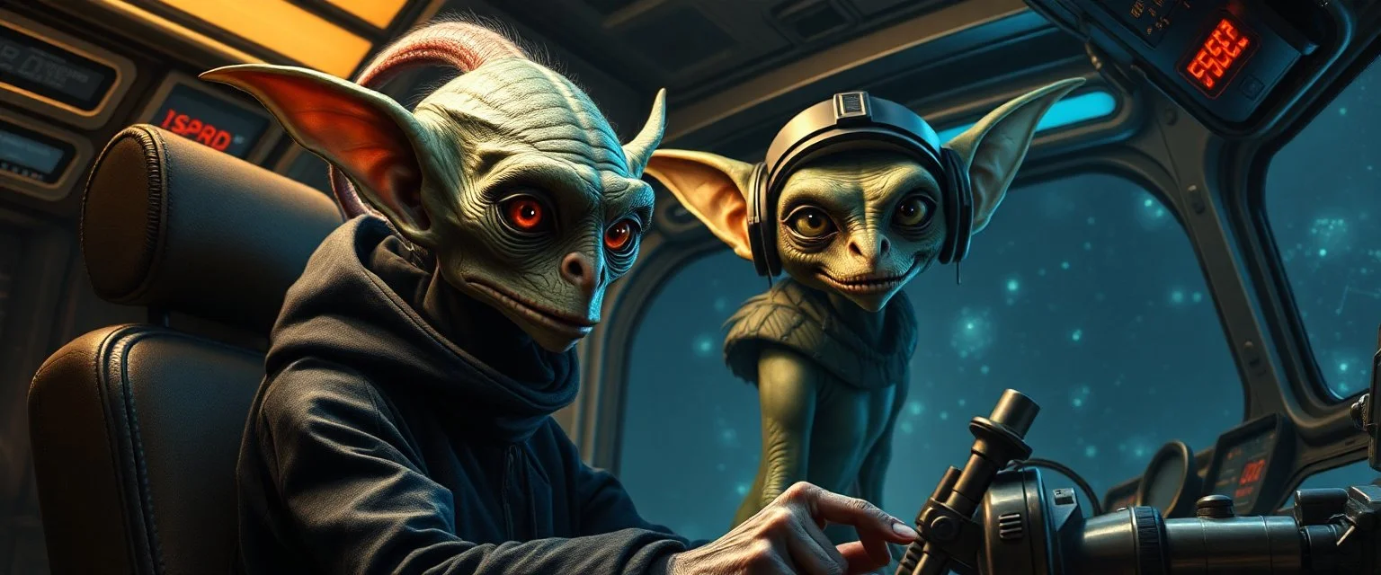 portrait of researcher slender alien rich drow elf hill billy fluffy captain pilot focus controlling flight stick in deep action, gremlin cyber punk with two crew members, in sci fi air ship waiting hall, in future dynasty, painted by Rembrandt