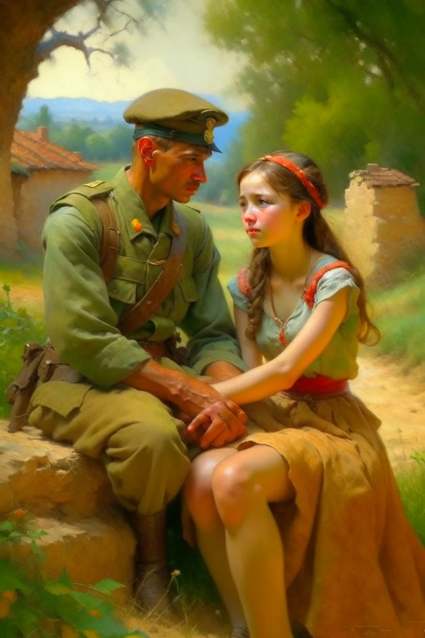 Oil painting of a soldier who fell in love with a very beautiful village girl