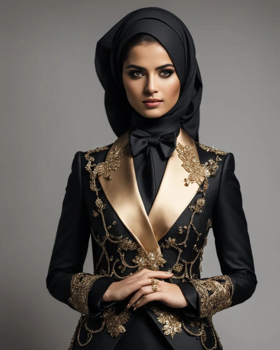 A length image ,professionals photography cinematography, stand action pose an beautiful young girl super model iranian wearing islamic hijab as spy detective with shoulder length wearing luxury jewelrys and lipstick. She is wearing a islamic fashion luxury tuxedo with a black bowtie. Her jacket is black decorations golden art and it is not buttoned. Her jacket has a corsage,She is smiling. Her cufflinks are black.stand pose in futuristic