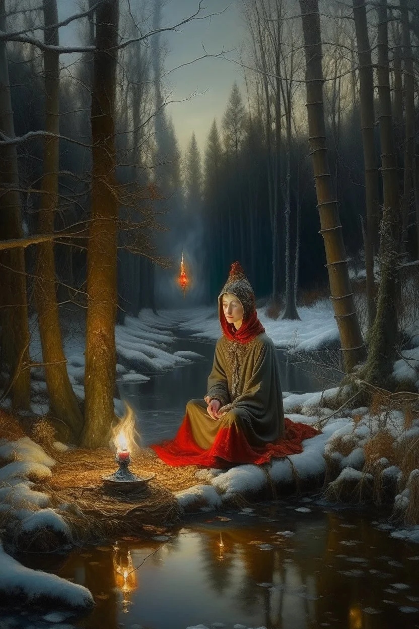 Hyperrealism against the background of a winter landscape in a forest with a bonfire +mirror portal with a whirlpool of water + a man in a red-gray robe with a hooded back + +rite+candles+dried flowers+wildflowers+moss++flower decoupage+embroidery technique+braided beads+vine+moonlit night,fabulous landscape,surrealism,realism,naturalism,dot technique,microdetalization,high detail objects,digital illustration,volumetric clarity,dark fantasy,dark botanical