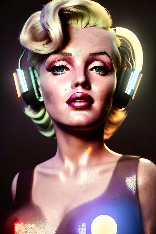 Ultra Realistic image, portrait, blonde woman, sweet Marylin Monroe face, perfect iris, glow eyes, makeup. Retro sci-fi style, helmet, tight latex coat, fog, rain, soft color, highly detailed, unreal engine 5, ray tracing, RTX, lumen lighting, ultra detail, volumetric lighting, 3d, finely drawn, high definition, high resolution.