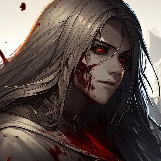 Goodness, Blood splatter, battle wounds, female, portrait, max detail, hd, Long hair, dark souls style, detailed eyes, eye color blue