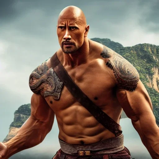 Fantasy, Dwayne Johnson as shaolin monk, heroic, award winning, insanely detailed, sunlit, realistic, meditating,acrylic paint, 8k resolution, hdr