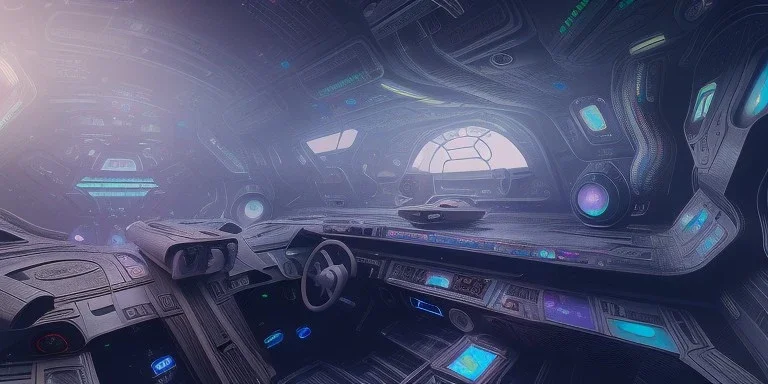 Spaceship indoor, ultra realistic, intricate details, ultra highly detailed, shiny, smooth, studio quality, octane render, Surrealism, Triadic colour scheme,glow-stick, ambient lighting,nightclub lighting, polaroid, 100mm, --ar 1:1 --v4