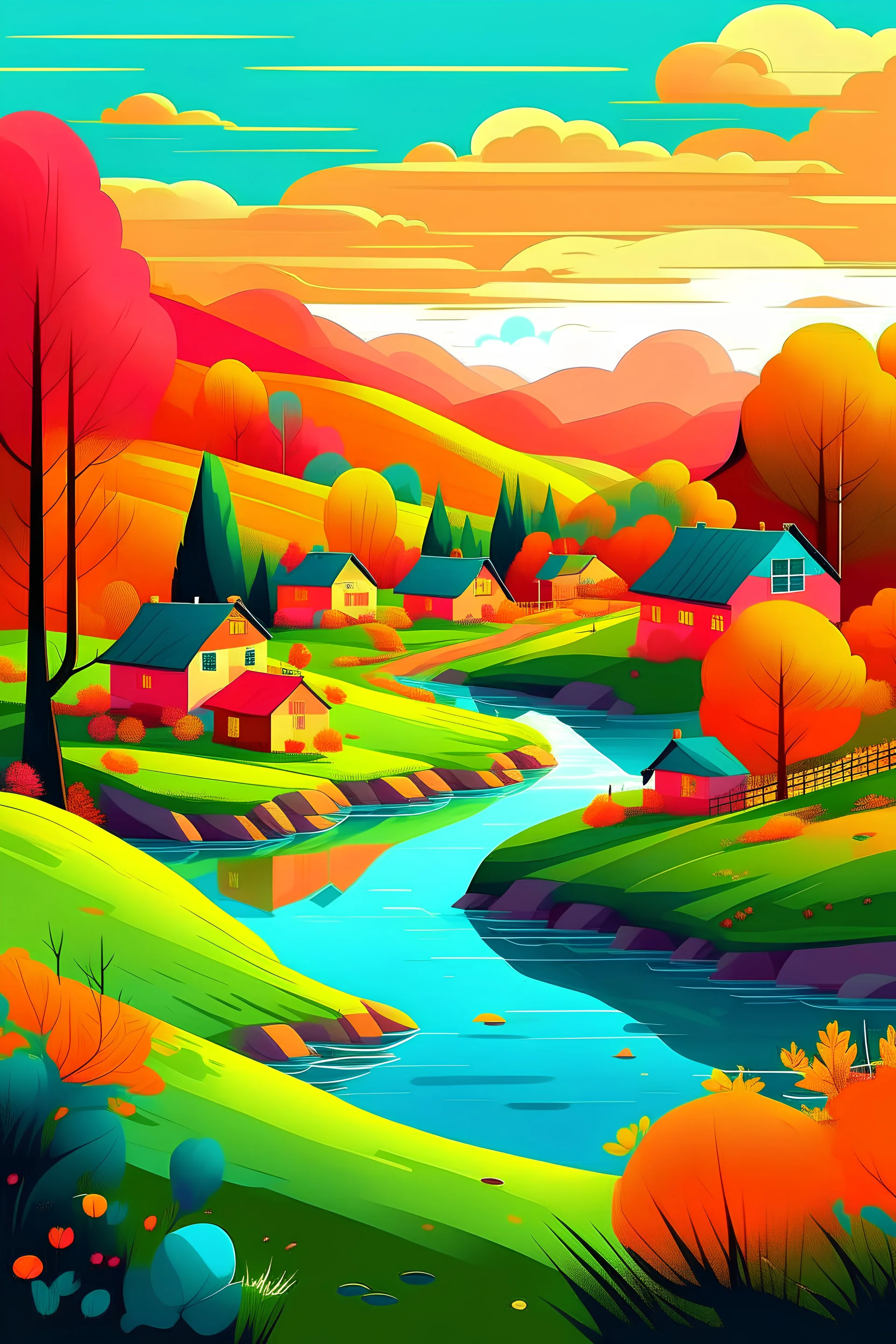 Enchanting Nature, landscape, nature, calm, relax , village, vector, color solid