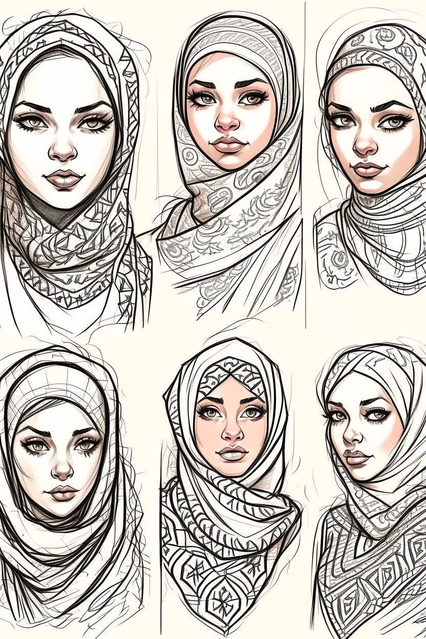 Sketches of drawing a beautiful girl wearing a hijab with Egyptian features