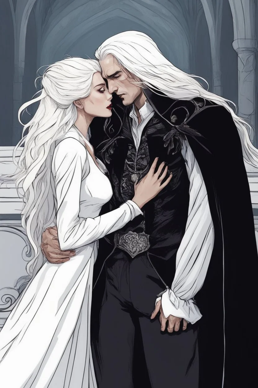 Strahd Von Zarovich being kissed by a beautiful woman with white hair, wearing an off the shoulder dress. Settling and background are a lavish toomb with an ebony coffin.