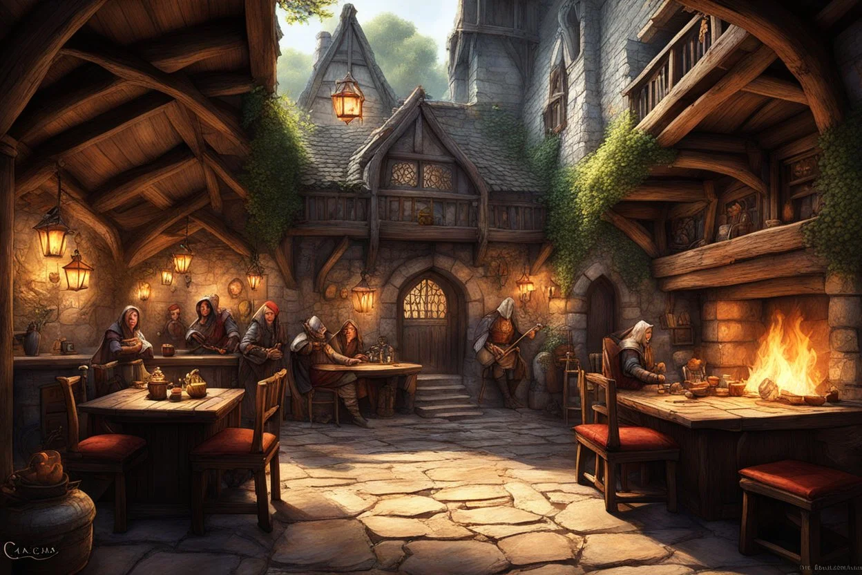 In the large heroic fantasy dangerous medieval Inn: The old oak tables patrons are warriors, wizards, elfs, thieves. at small tables, women and men.The fire crackles merrily, casting dancing shadows on the walls and lending an air of warmth to your cozy inn. Bards strum their lutes in a corner, their voices rising and falling in a melodic cacophony. Merchants haggle over prices at a nearby table, their words punctuated by the clinking of coins and the occasional outburst of laughter.The scent of