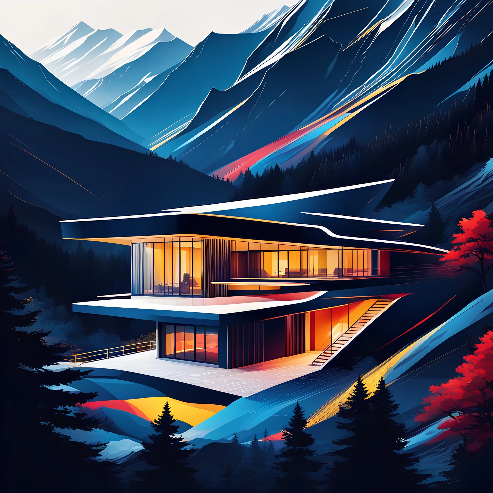 Ilustración minimalista de una casa campestre estilo Zaha Hadid en las montañas arte nouveau neón lineal color negro blanco amarillo rojo y azul calidad ultra fondo ciudad vista aérea