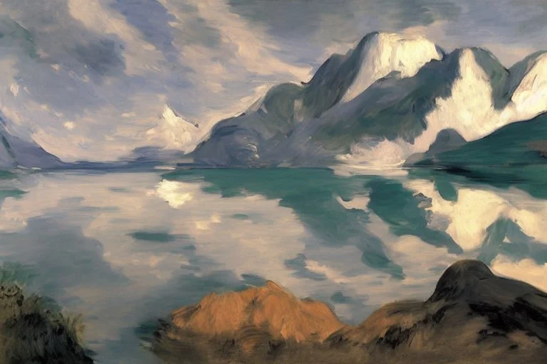 clouds, mountains, lake, lake reflections, rocks, edouard manet and otto pippel painting