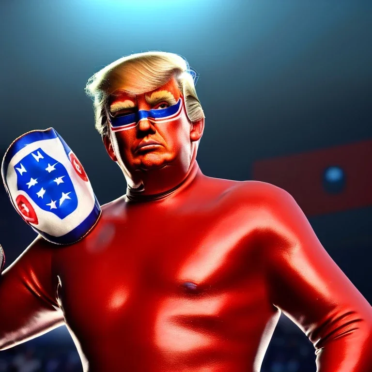 realistic image of donald trump as a mexican wrestling fighter posing, blue Mexican eyes wrestling mask, retro style, 80s, vibrant color, highly detailed, sky background, concept art, unreal engine 5, god rays, ray tracing, RTX, lumen lighting, ultra detail, volumetric lighting, 3d, finely drawn, high definition, high resolution.