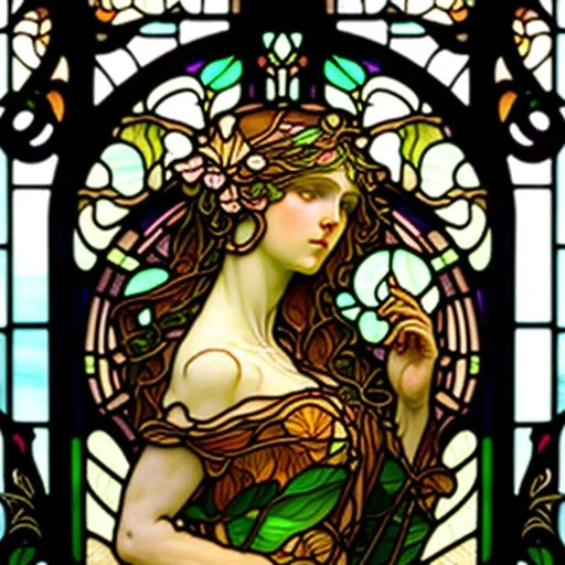 A big Art Nouveau stained-glass window in an Art Nouveau villa by artist "Alphonse Mucha"