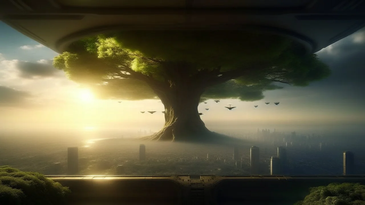 the last tree on earth, view from a far, portal to a space near the tree, few ships flying near the tree, city of the future year 4222, very realistic,