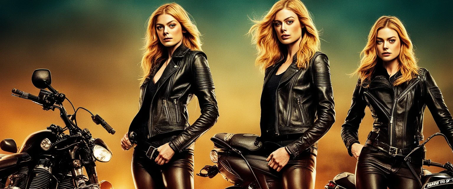 Poster for an action film called "The Motorbike Girls" starring Katherine McNamara, Margot Robbie and Georgia Henshaw wearing tight leather catsuits.