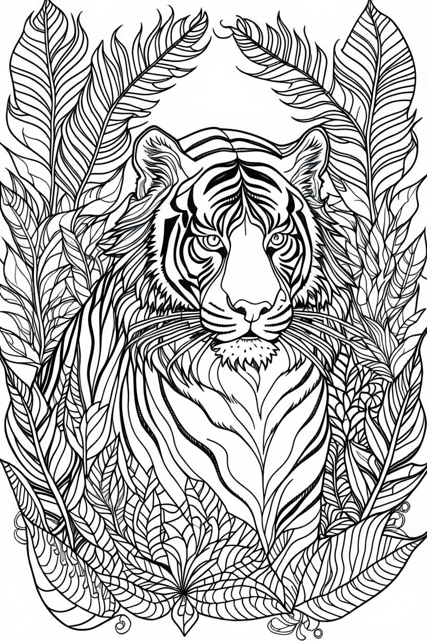 outline art for an Adult coloring page, Tiger with a jungle background, Sketch style, head, only use outline< Mandala style, clean line art, white background, no shadows and clear and well