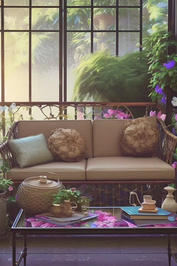 Night, twilight, a light brown wicker sofa with floral cushions, a glass-topped table in front of it, coffee steaming in a porcelain cup, and a down-turned open book next to it. Above the settee, flower bushes in planters, all on the terrace of a luxury house S<AI Nikon D850 highly detailed digital painting sharp focus elegant intricate photorealistic 4k very attractive beautiful dynamic lighting award winning fantastic view crisp quality Unreal Engine very cute cinematic postprocessing acrylic