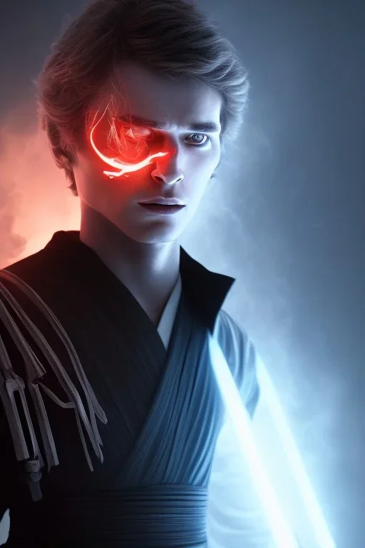 All Black Anakin Skywalker soldier, ghost, wearing high tech mask, white smoke, dark, rage, sorrow, high definition, ultra 8 k, volumetric lighting, blue fire, fog red