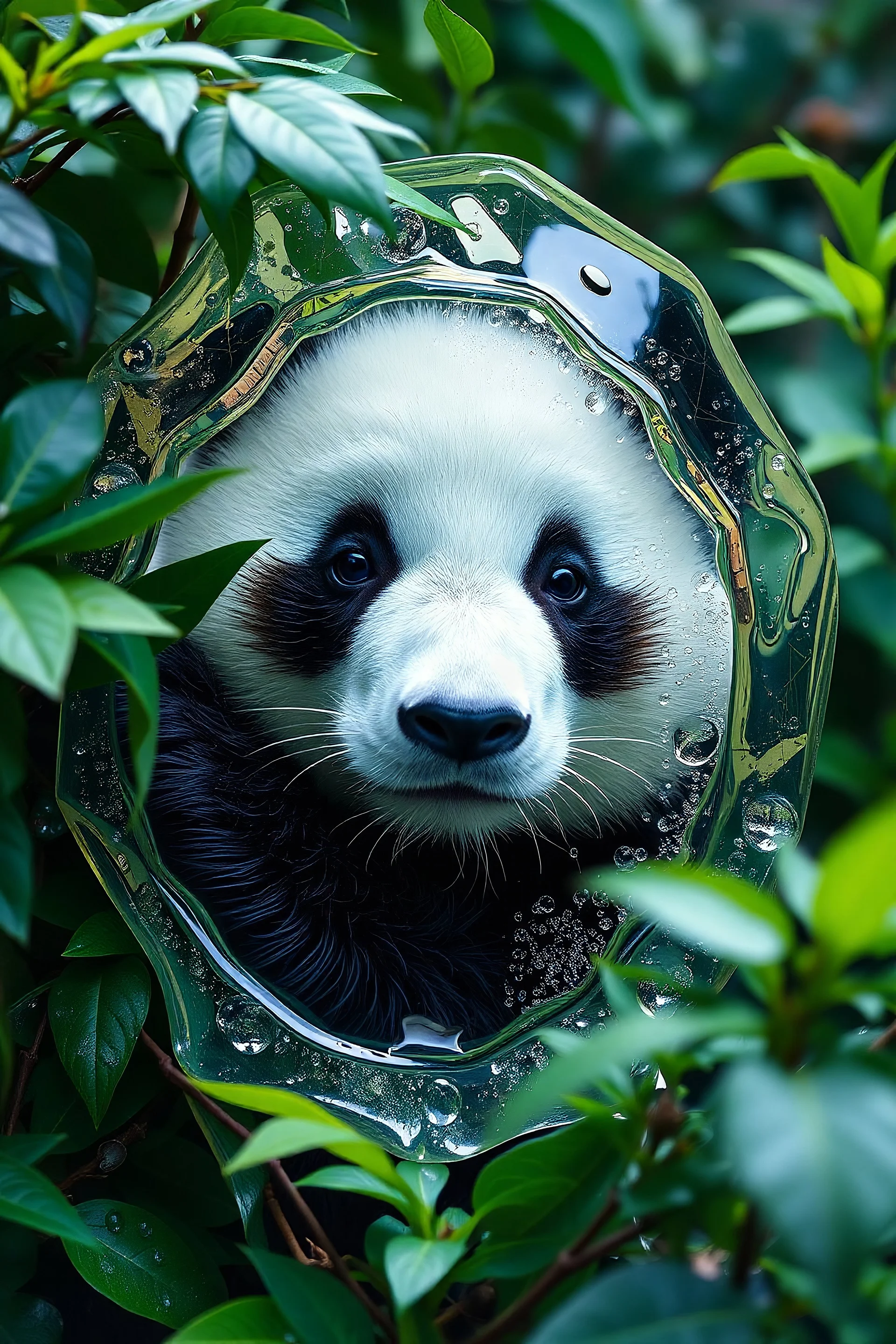 "Imagine a panda peeking out of the dense foliage, as if watching something. Leave a part of her body hidden behind leaves or branches to arouse the viewer's interest." Modern Art "Jelly Art" | Ultra-realistic style with surreal elements. Deep volume and crystal-clear transparency, resembling hand-polished high-quality glass. Complex internal structure with countless microscopic bubbles creating a mesmerizing dance of light and reflections Vibrant, saturated colors that pop with energy and life