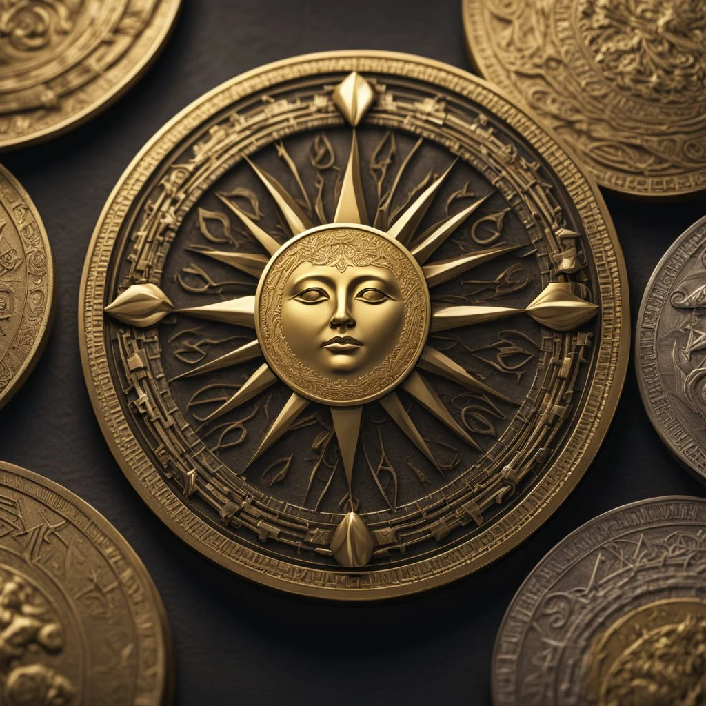 a gold coin called a Gold Sun. the coin has a circle of runes around the edge. show the whole coin. fantasy concept art, exquisite realism, a masterpiece, dynamic lighting, hyperdetailed, intricately detailed, deep color, Unreal Engine, volumetric lighting , Epic cinematic brilliant stunning intricate meticulously detailed dramatic atmospheric maximal,