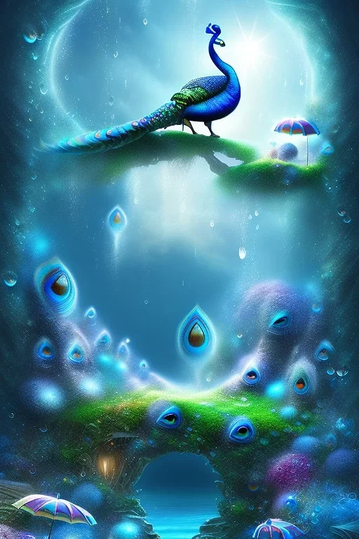 mystical beach, peacock, mystical, dreamlike, romanticism, fine detail, high quality, raining, rain droplets, beautiful colors, soft lighting, fish,