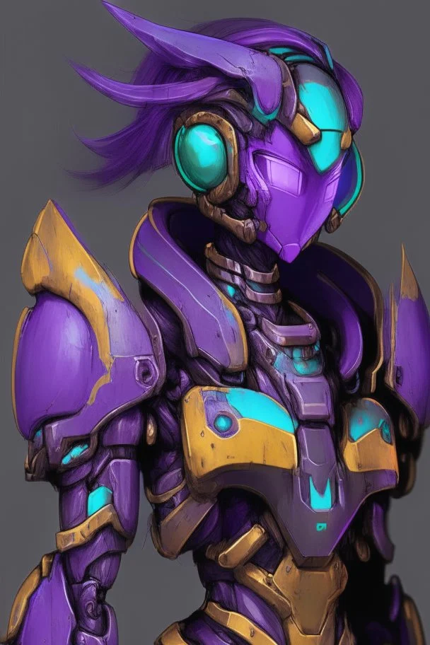 One Genderless Cyborg made of old rusted metal, has a human like face with a really long violet ponytail, the armor is similar to Zero from Megaman. The color palatte of the armour is deep purple and yellow. They have Turquoise colured eyes. The Background is dark grey.