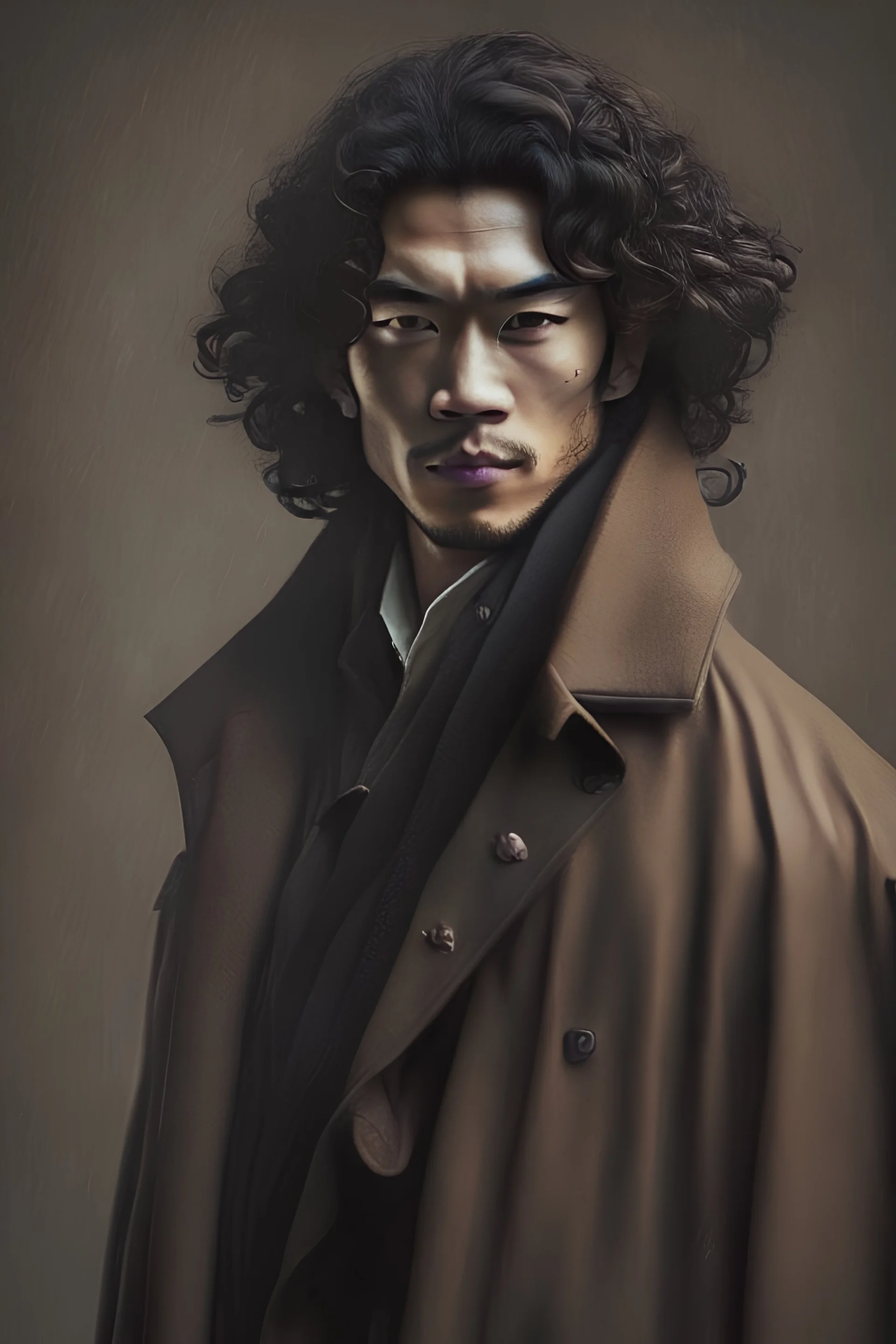 Asian man, long brown coat, curly hair, defined, stern