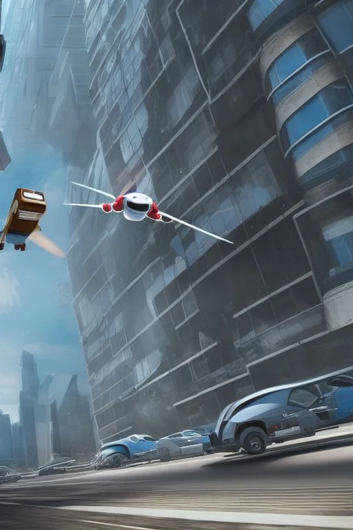 A flying car being drived by a robot between buildings in future city.