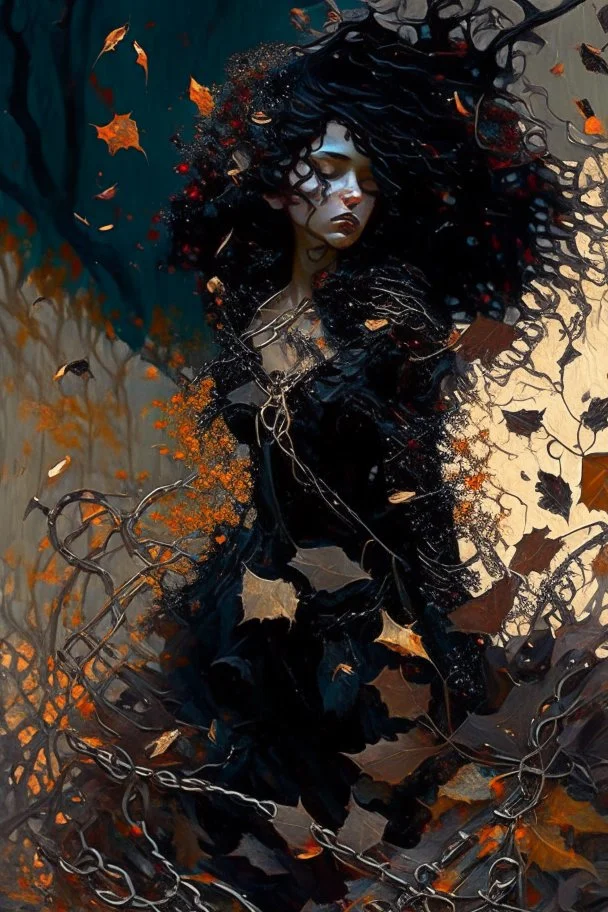 abstract creation of a beautiful girl with black curly hair, surrounded by black roses, thick metal chain broken, glass petals on the ground, autumn colours,dried out thorn bush, chaos,