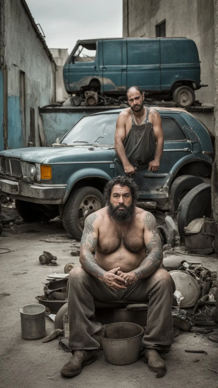 photography of a dirty burly chubby gipsy manly man serious repairing a car, , 41 years old, beefy, ugly , dirty curly hair, sweat, tattoo, with completely broken cotton pants, bulge, beard , angry eyes, bare-chested, huge belly, in industrial area, photorealistic, side light, view angle from low , ambient occlusion