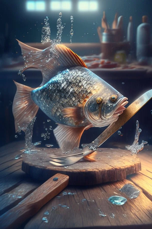 portrait of a beautiful genius fish with hands and fingers, down in the sparkly water, producing a wooden table and a big knife, 3d rendering, depth of field