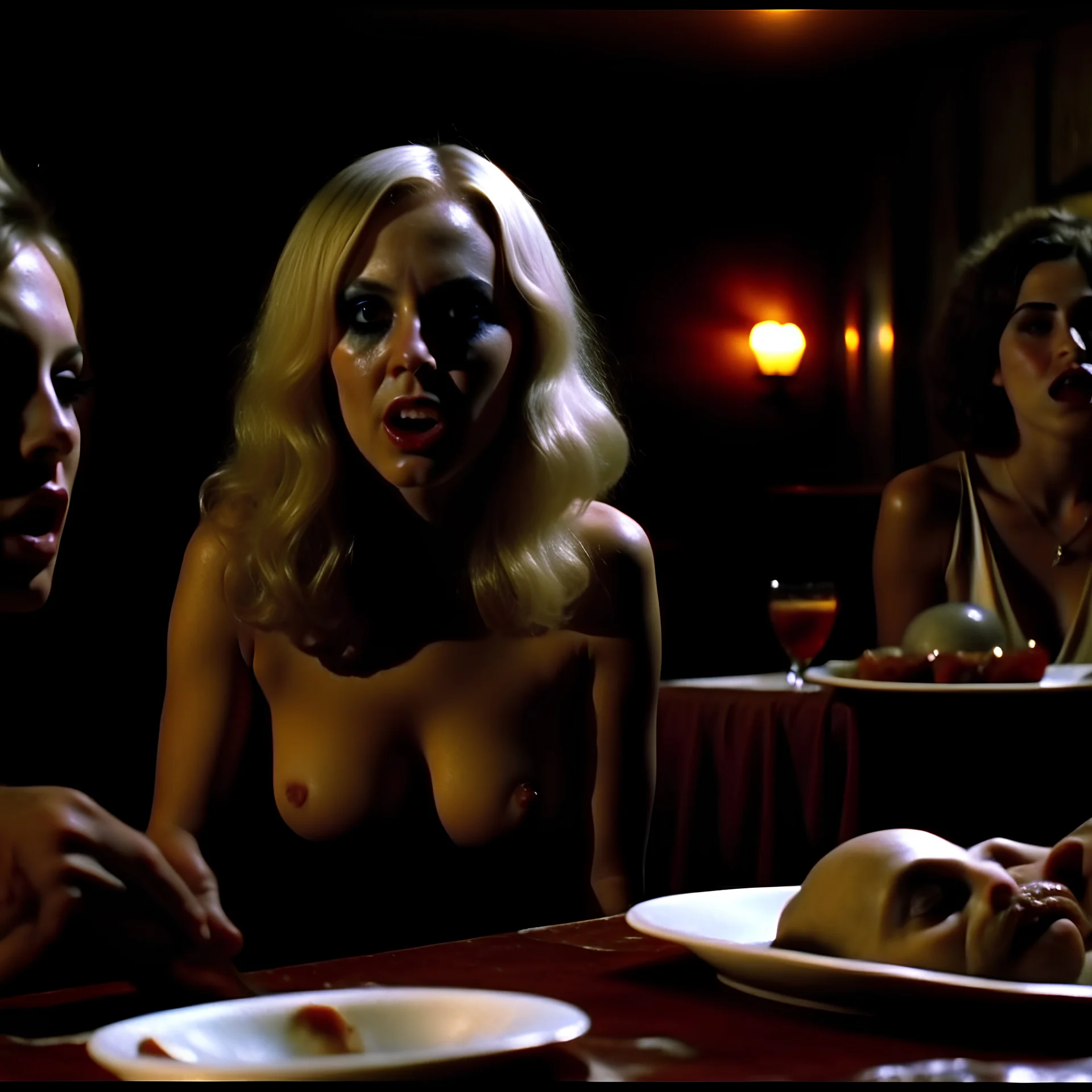 Horror movie shot, spooky, hot, ultra realistic, dine, they enjoy and get excited, ultra realistic hot blonde women, party, pieces of meat, organs, ail, dynamic, very excited people, hypermaximalist figures, light, 1970's Italian horror movie, sinister,, Dario Argento, Stanley Kubrik, ornate, 4k, photorealism