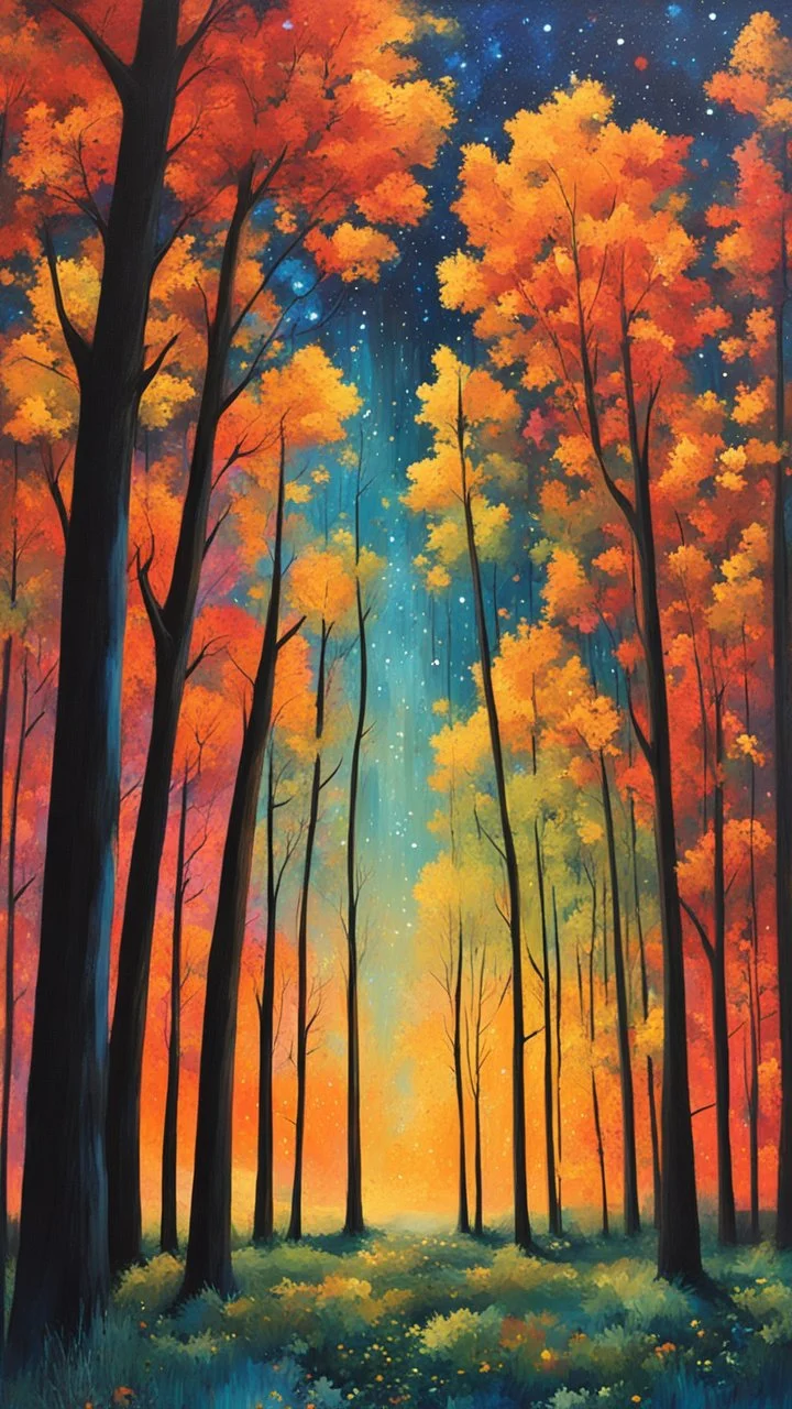 Painting of the night sky with stars and trees, colorful night sky, starry night painting, magical forest background, night background, vibrant painting, atmospheric dream painting, night sky background, colorful painting, colorful stars, Beautiful paint art, dream landscape art, beautiful painting, oil painting, oil painting on canvas, impressionist