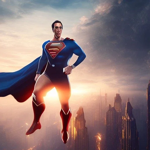 nicholas cage as superman, dramatic, cityscape background, dramatic lighting, volumetric lighting, hyperrealisme, 8k, high quality, photorealistic, lot of details