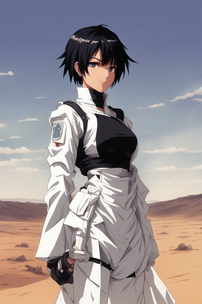 Meryl Stryfe Trigun young girl short black hair anime white clothes standing in the desert