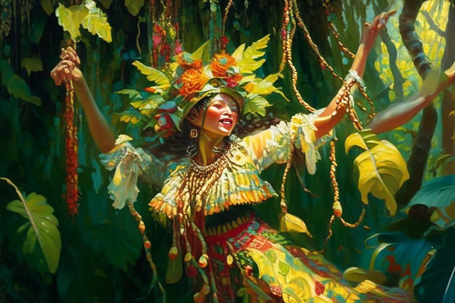 a lush jungle, a woman dressed in embroidered folk costume with a beaded bonnet on her head holding on to a vine with one hand while swinging across and reaching for the next vine with the other, dynamic movement, sunshine, oil on canvas