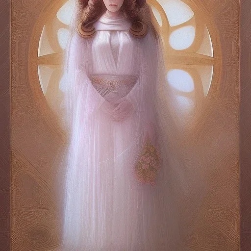 hyperspace background, complete and photo realistic detailed head to waist stunning photo realistic portrait of carrie fisher as Princess Leia in star wars with photo realistic wedding hairstyle by Mandy Jurgens and mucha and Richard Schmid and chuck close and chie yoshii, extraordinary and detailed ceremony dress of star wars,brown eyes