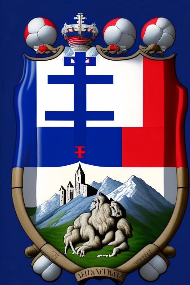 Image of the Slovak Coat of Arms, where instead of a cross there will be a dumbbell and instead of mountains there will be volleyball balls