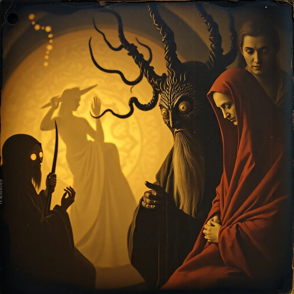 Daguerrotype close up some mysterious figures, odd background, Hieronymus Bosch Max Ernst ambient light, by Minicavio Quollati and Marlost Endgulp, Amano, Botticelli, Alphonse Mucha