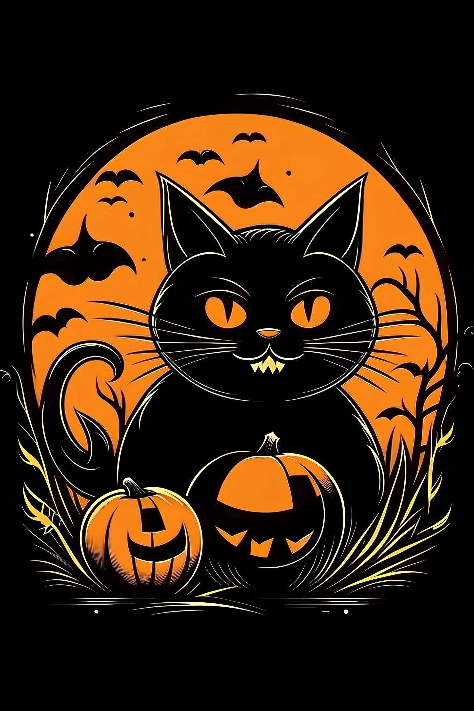 "Design a spooky yet playful Halloween T-shirt logo featuring a mischievous black cat and a grinning jack-o'-lantern. The moonlit night should set an eerie backdrop, and the overall design should evoke a sense of festive fright."
